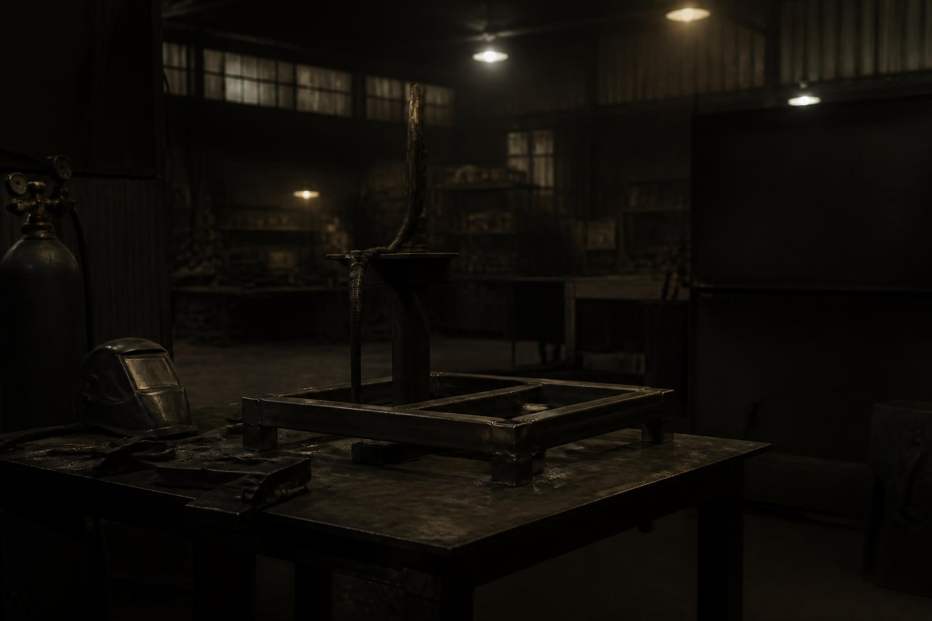 A dark American workshop at night, welding bench under shop lights